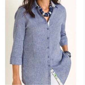 Chico’s 1 (US 8/10) Linen 100% Flip Cuff Button Up Women’s Top Shirt Blue